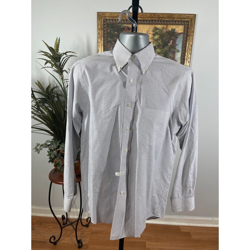 Lands' End Dress Shirt Men 15/33 White Blue Micro Check Corporate‎ Professional